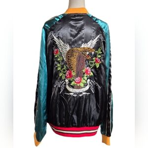 Ring of Fire Green and Black Embroidered Satin Bomber Varsity Jacket